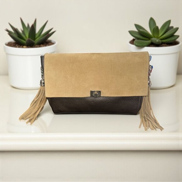 Home-Made Brand Black Pebbled Leather Tan Suede Flap Turn Lock Convertible Bag - Picture 1 of 10